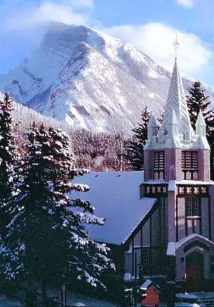 St. Paul's Church with a snow-capped Mt. Rundle. 