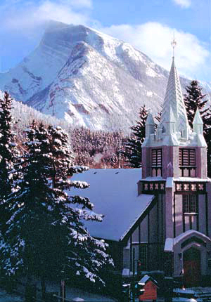 St. Paul's Church with a snow-capped Mt. Rundle. St. Paul's Church with a snow-capped Mt. Rundle.